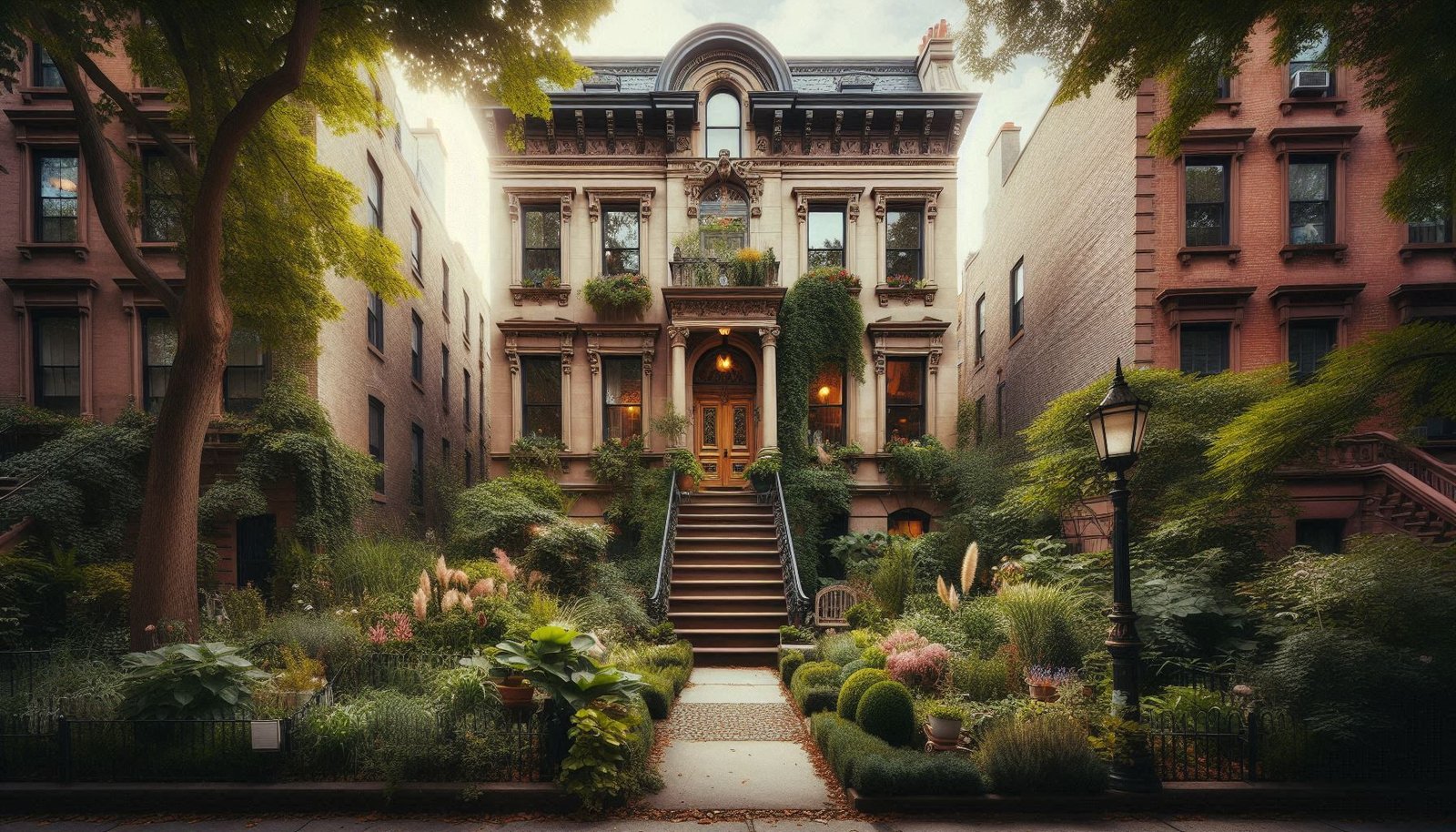 An elegant historic brownstone townhouse with a charming facade and lush garden in Greenwich Village.